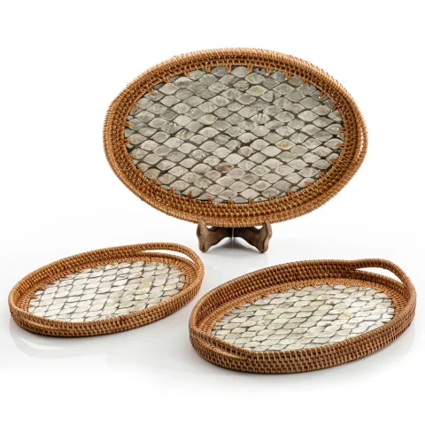 Mother Of Pearl Rattan Tray