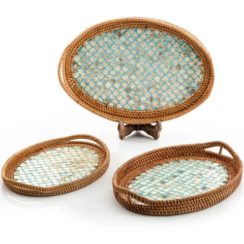 Mother Of Pearl Rattan Tray