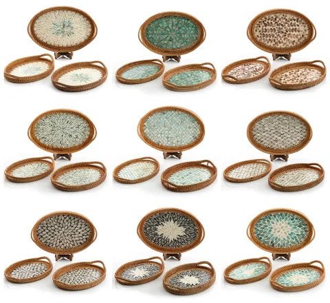 Mother Of Pearl Rattan Tray
