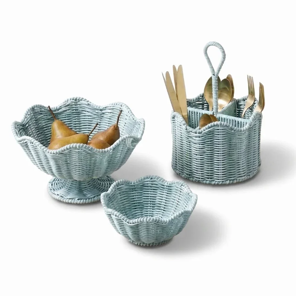 Rattan Export Blue Pastel Rattan Basket Set for Fruit, Cutlery, and Table Organization I Vietnam Handicraft - REX-M0775