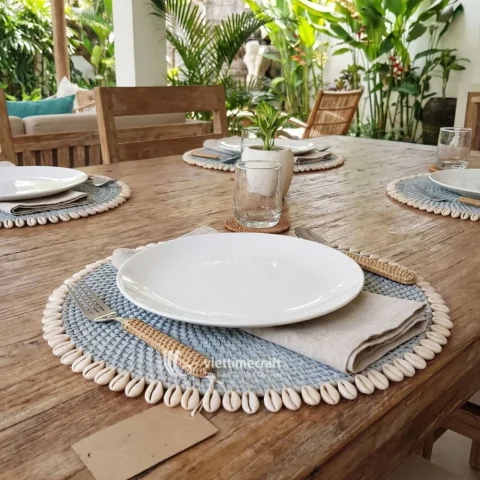 Round Rattan Table Mats with Shell Border for Coastal Dining and Home Decor