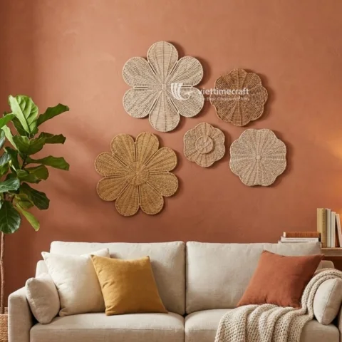 Eco-friendly Flower-Shaped Rattan Wall Decor Set for Natural and Boho Interiors