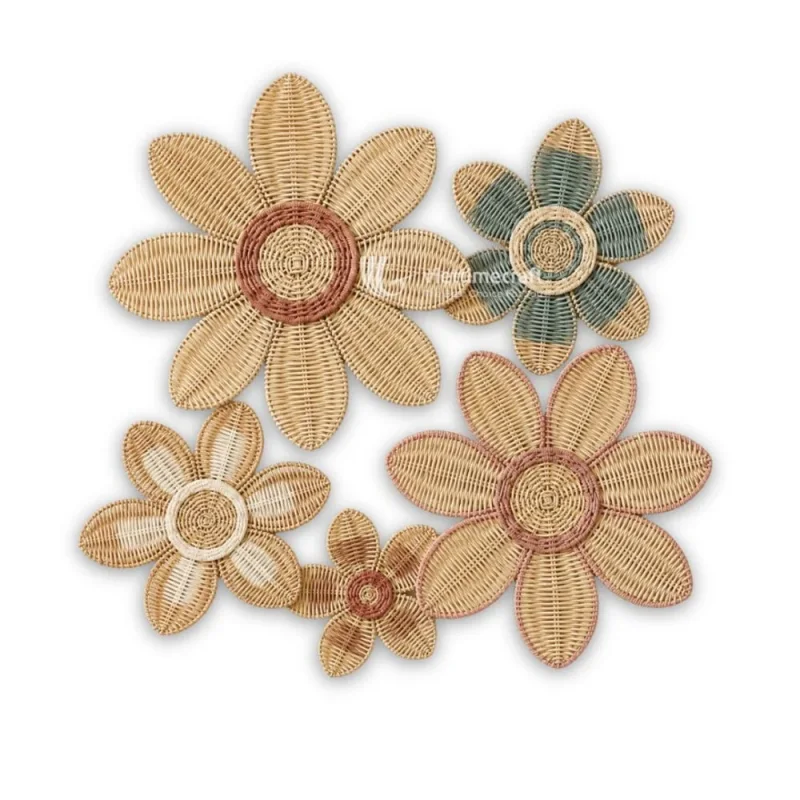 Sustainable Rattan Wicker Wall Decor Set with Petal Shapes for Boho Interiors and Decor