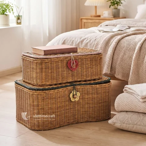 Scalloped Rattan Laundry Basket with Lid, Sustainable Storage Solutions Vietnam Handicraft