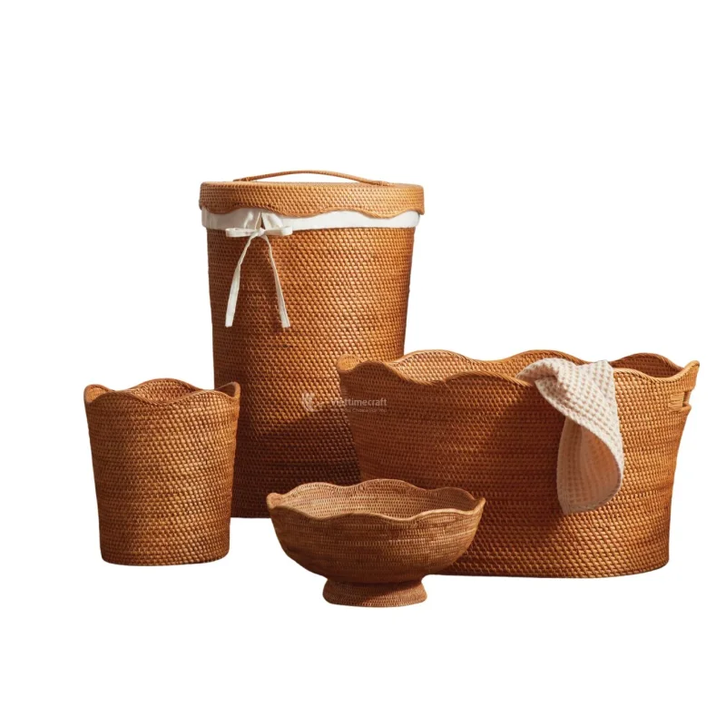 Boho-Chic Scalloped Rattan Basket Collection, Artisanal Woven Storage Suite with Fabric Liners
