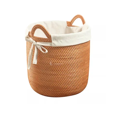Boho-Chic Scalloped Rattan Basket Collection, Artisanal Woven Storage Suite with Fabric Liners