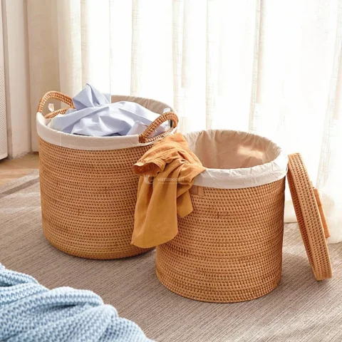 Boho-Chic Scalloped Rattan Basket Collection, Artisanal Woven Storage Suite with Fabric Liners