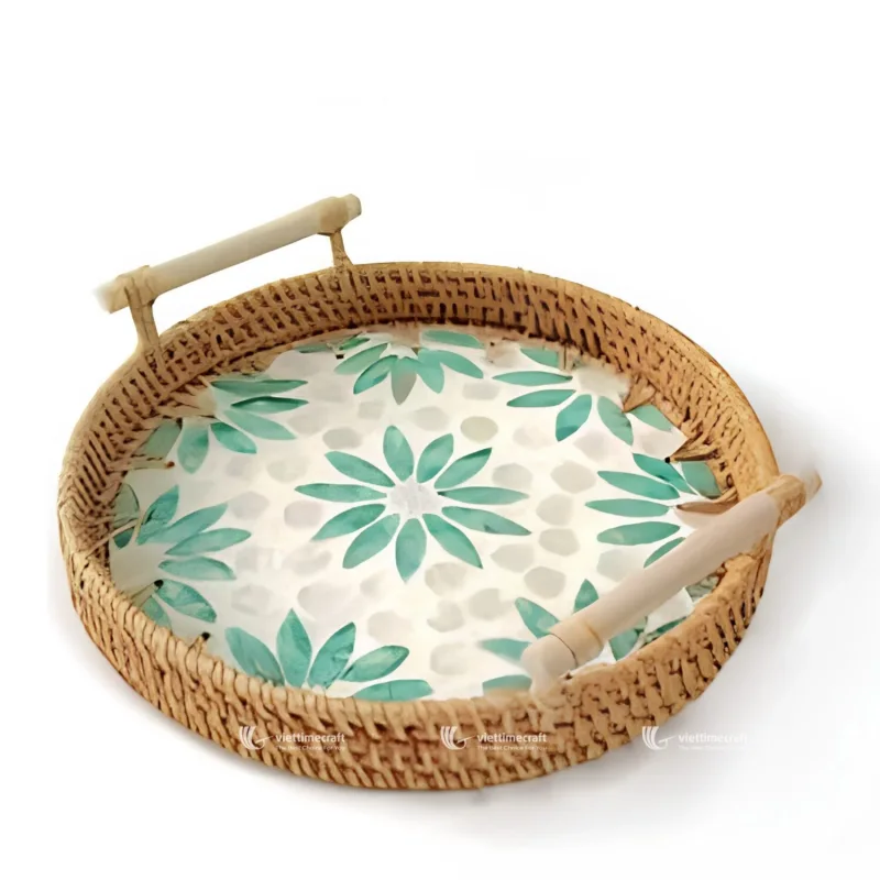 Floral Inlay Serving Hand-Set Mother of Pearl Mosaic Wicker Tray for Sophisticated Home Styling