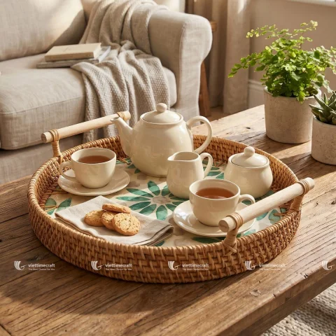 Floral Inlay Serving Hand-Set Mother of Pearl Mosaic Wicker Tray for Sophisticated Home Styling
