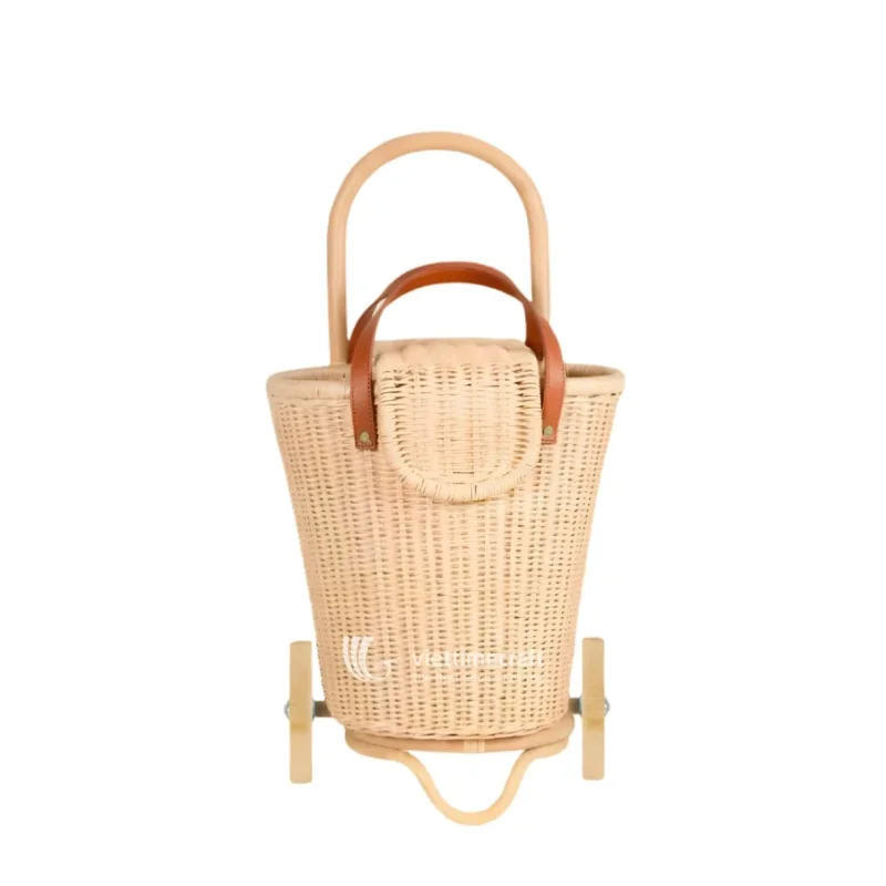Effortless Picnic Transport, Mobile Rattan Trolley Basket with Smooth-Rolling Wheels for Outdoor Comfort