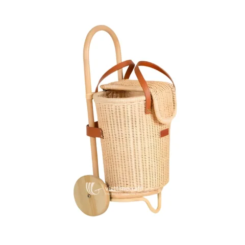 Effortless Picnic Transport, Mobile Rattan Trolley Basket with Smooth-Rolling Wheels for Outdoor Comfort