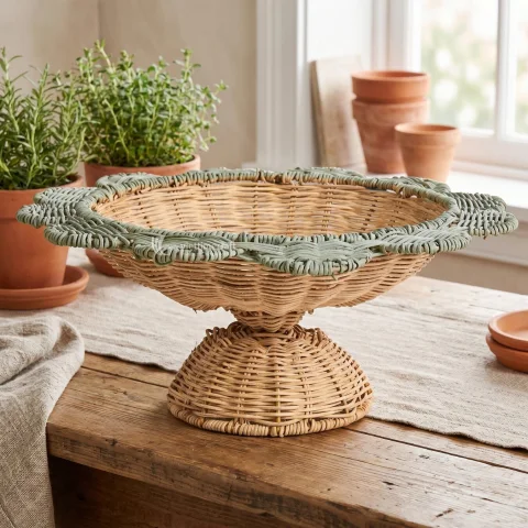Eco-friendly Scalloped Pedestal Woven Basket and Decorative Rattan Fruit Bowl