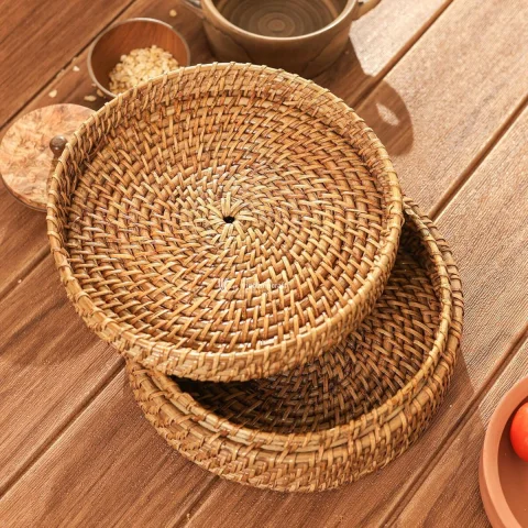 Eco-friendly Woven Basket, Round Handmade Rattan Storage Basket with Matching Lid