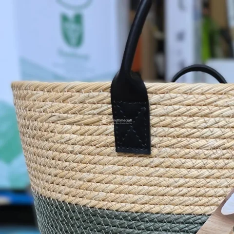 Handwoven Faux Wicker Handbag with Premium Leather Handles