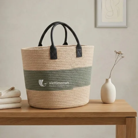 Handwoven Faux Wicker Handbag with Premium Leather Handles