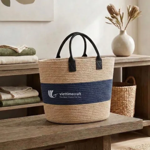 Handwoven Faux Wicker Handbag with Premium Leather Handles