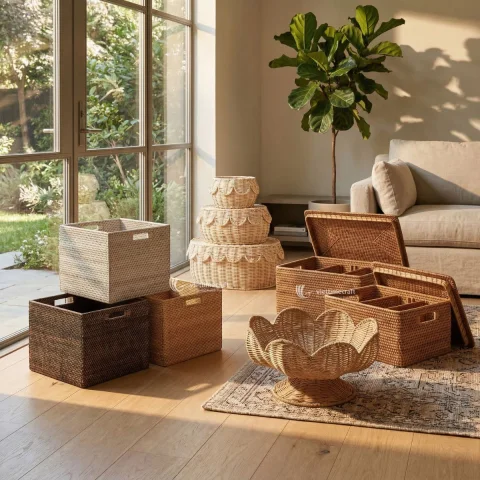 Decorative Rattan Woven Basket and Modern Functionality Set