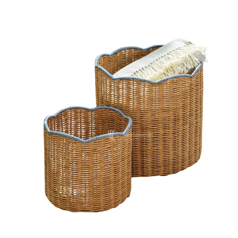 Elegant Handwoven Scalloped Rattan Basket Set with Pastel Rims