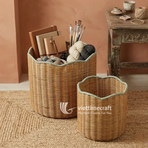 Elegant Handwoven Scalloped Rattan Basket Set with Pastel Rims