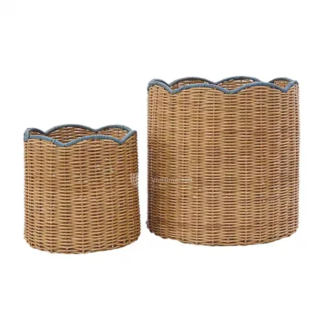 Elegant Handwoven Scalloped Rattan Basket Set with Pastel Rims