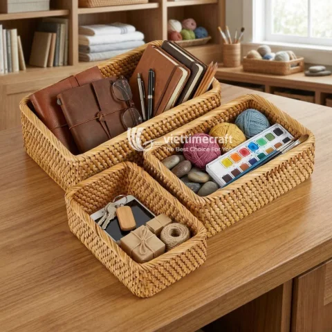 Premium Multi-functional Rattan Storage Basket and Wicker Organizer Set
