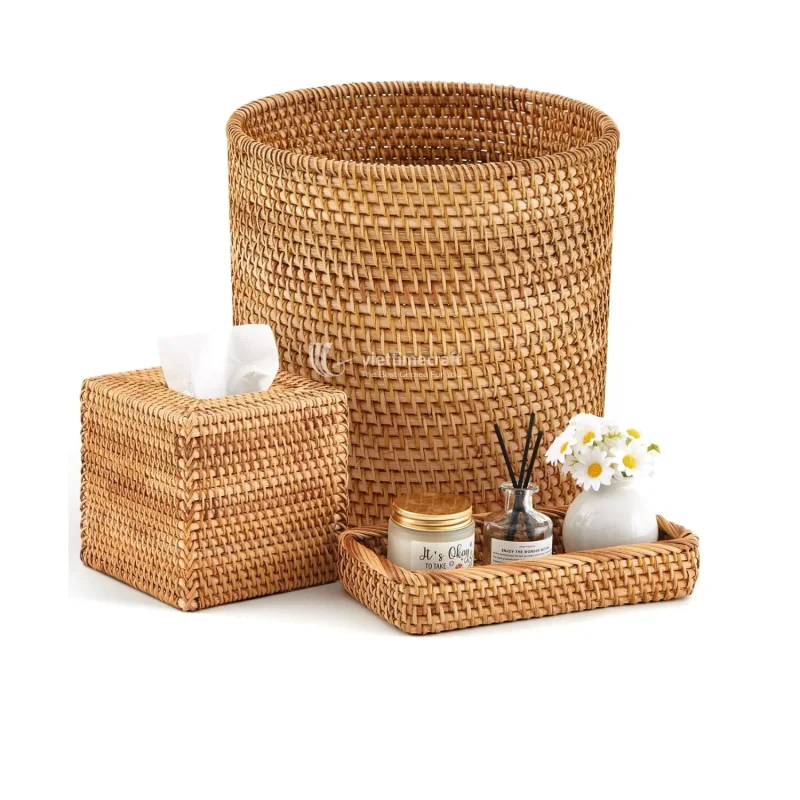 Premium Handwoven Rattan Storage Basket and Wicker Home Organizer Set