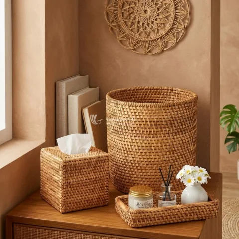 Premium Handwoven Rattan Storage Basket and Wicker Home Organizer Set