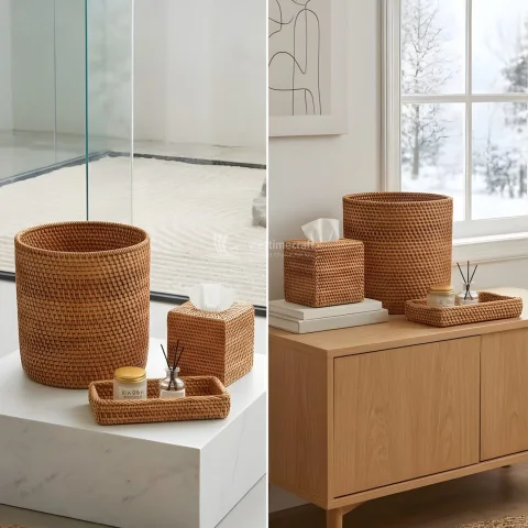 Premium Handwoven Rattan Storage Basket and Wicker Home Organizer Set