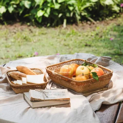 Rectangular Rattan Storage Basket with Open-Loop Edging