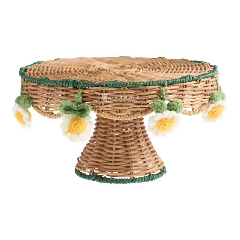 Wicker Wavy Rattan Tray with Stand, Wicker Rattan Pedestal Tray For Table Decor