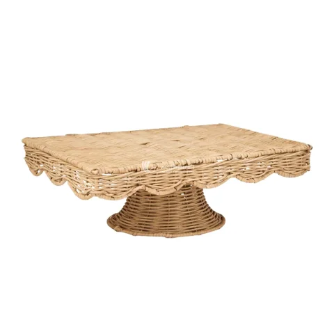 Decorative Scalloped Rattan Tray with Stand, Wicker Rattan Pedestal Tray For Table Accent