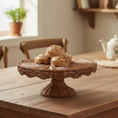 Decorative Scalloped Rattan Tray with Stand, Wicker Rattan Pedestal Tray For Table Accent