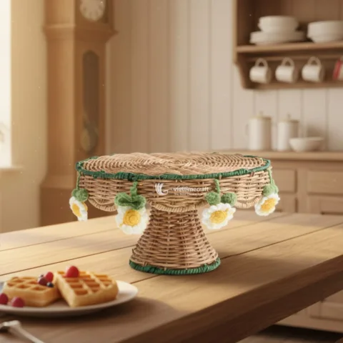 Decorative Scalloped Rattan Tray with Stand, Wicker Rattan Pedestal Tray For Table Accent