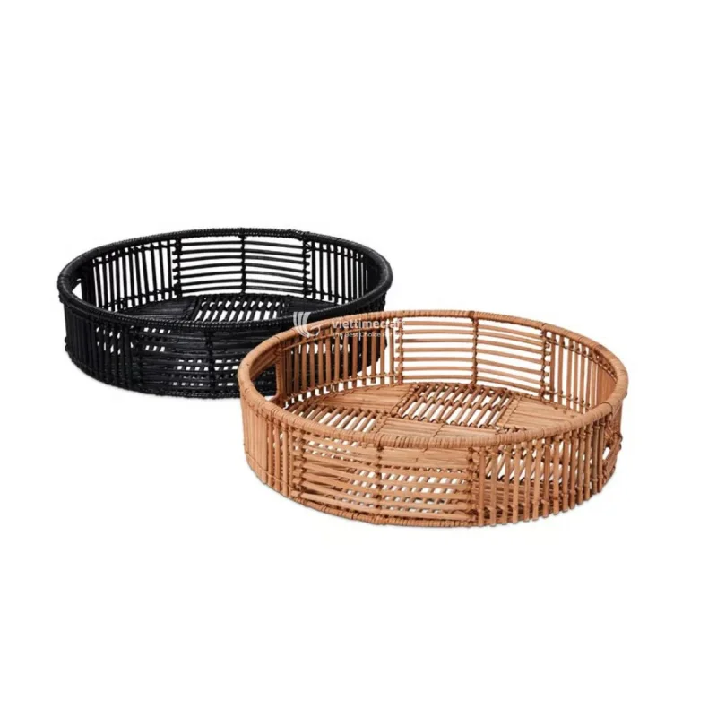 Wicker Rattan Tray Set of 2, Round Open Weave Design Vietnam Handmade
