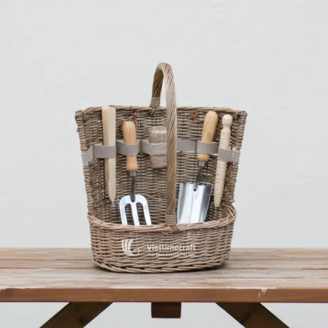 Garden Tool Storage Basket with Handle, Rattan Basket Organizer, Outdoor Wholesale Manufacturer Vietnam