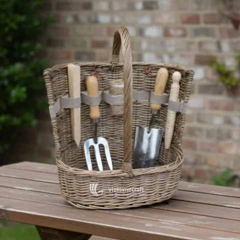 Garden Tool Storage Basket with Handle, Rattan Basket Organizer, Outdoor Wholesale Manufacturer Vietnam