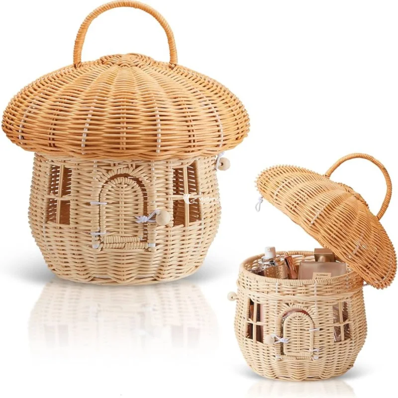 Mushroom House Rattan Basket with Lid, Handmade Wicker Storage Baskets Wholesale Manufacturer