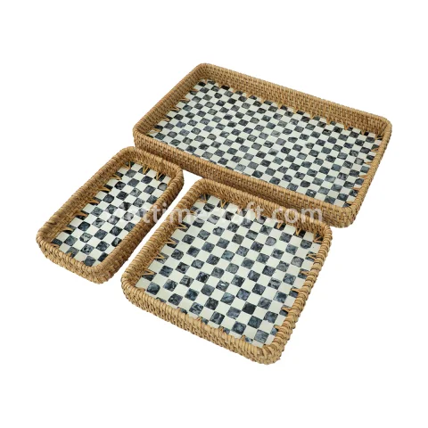 Rattan Export Mother of Pearl Tray with Checkerboard Pattern, Modern Handcrafted Serving and Decor - REX-M0815