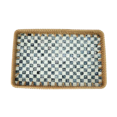 Mother of Pearl Tray with Checkerboard Pattern, Modern Handcrafted Serving and Decor