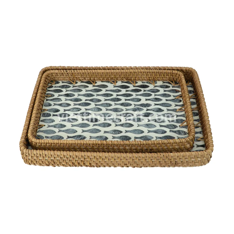 Rectangle Mother of Pearl and Rattan Tray, Wholesale for Retailers and Hotels – M0820
