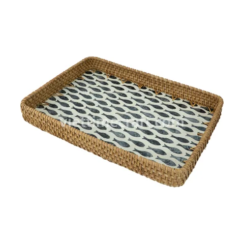 Rectangle Mother of Pearl and Rattan Tray, Wholesale for Retailers and Hotels – M0820