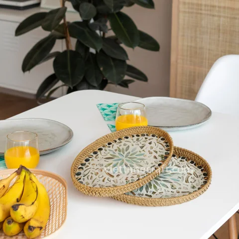 Luxury Handcrafted Serving Tray, Mother of Pearl with Rattan Inlay – M0821