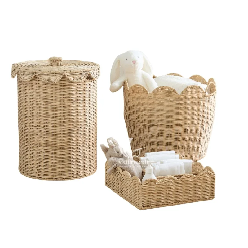 Set Of 3 Wicker Laundry Basket Hamper, Storage Containers with Lid Home Decoration