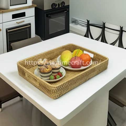 Sustainable Handmade Wicker Rattan Trays, Natural Woven Serving Baskets Wholesale