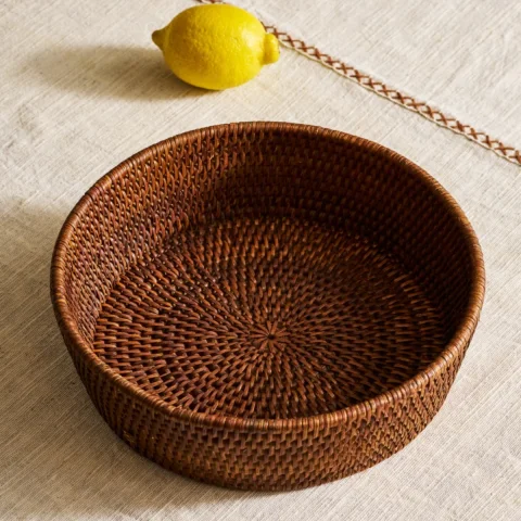 Rattan Basket Tray – Natural Round Storage & Serving Organizer