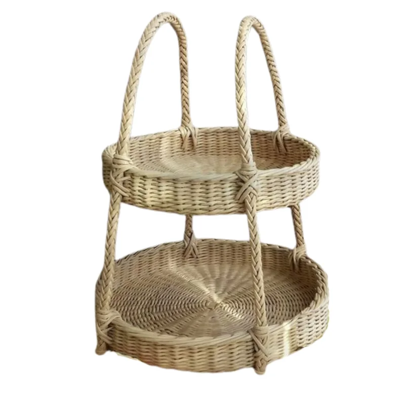 Handwoven Natural Rattan 2 Tiers Tray Storage Tower