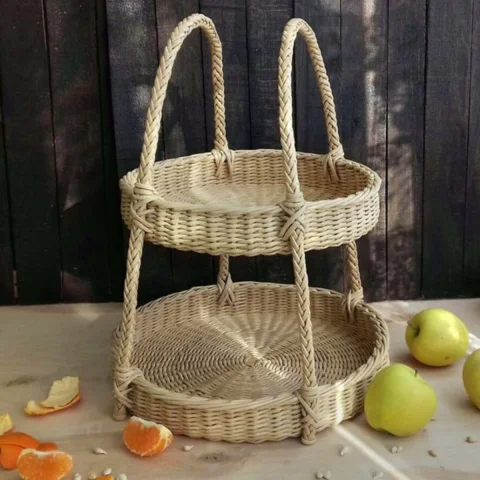 Handwoven Natural Rattan 2 Tiers Tray Storage Tower