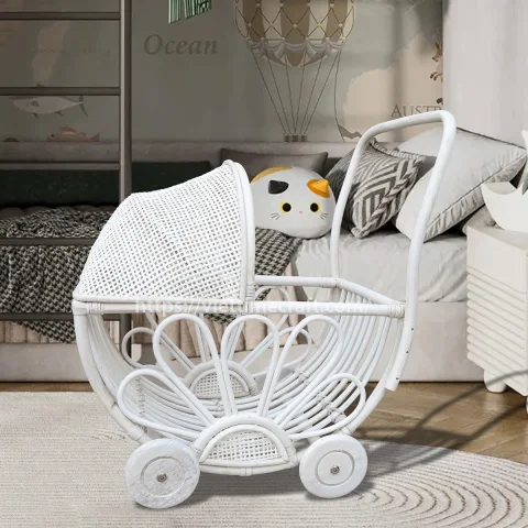 Rattan Baby Stroller Toy or Rattan Doll Pram for Kids