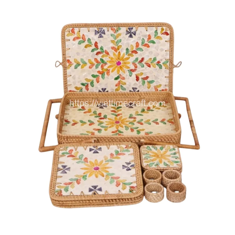 Rattan and Mother of Pearl Kitchen Set Rattan Table Setting – M0873