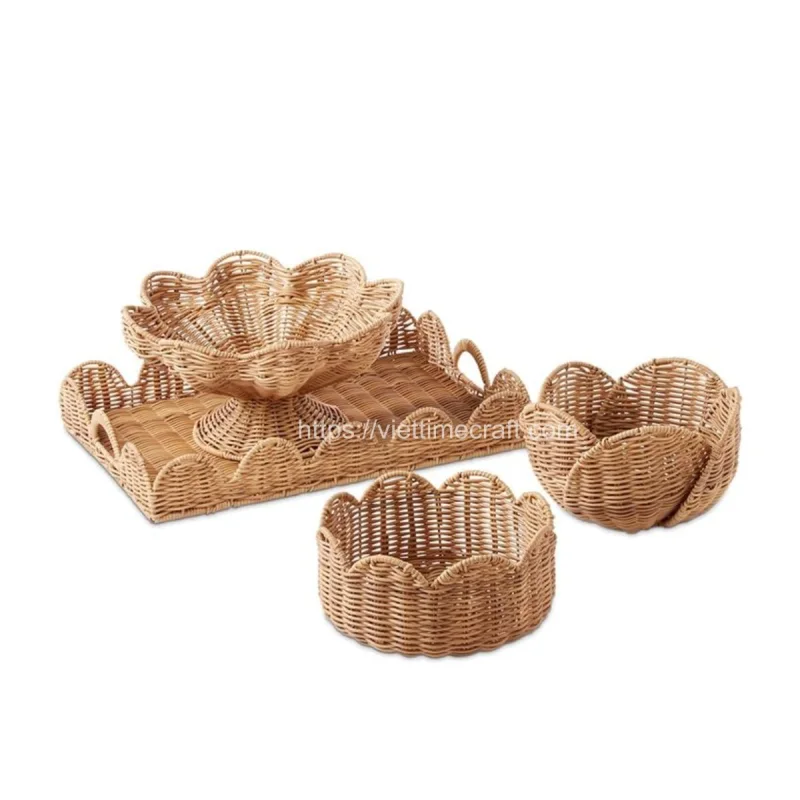 Set Wicker Scalloped Edge Rattan Basket And Tray, Bowl Wholesale